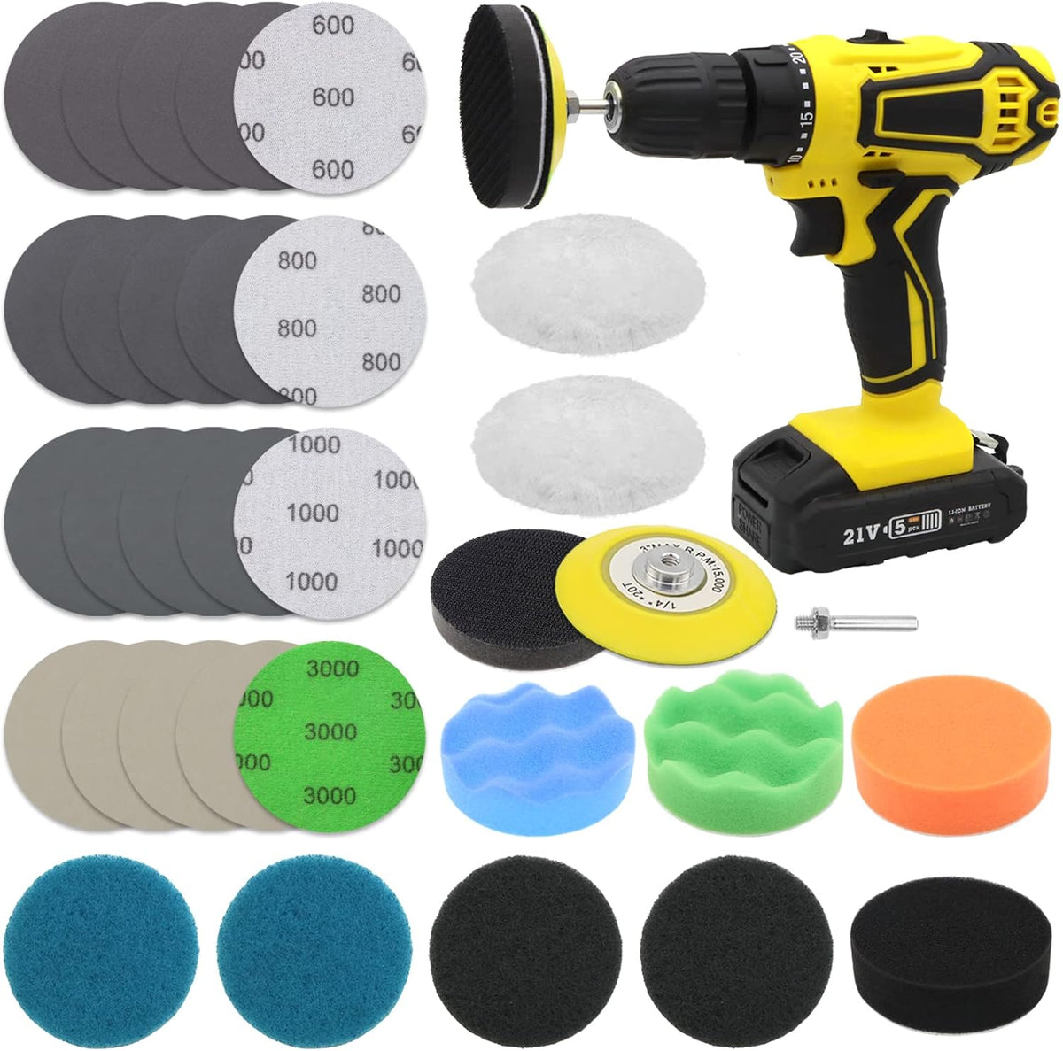 VIBRATITE Car Headlight Restoration Kit, 3 Inch Car Polishing Sanding Discs with 1/4 Inch Shank Backing Pad, Scouring Pads, Buffing Sponge Pads, Soft Interface Pad, Woolen Buffer Pads, 32PCS