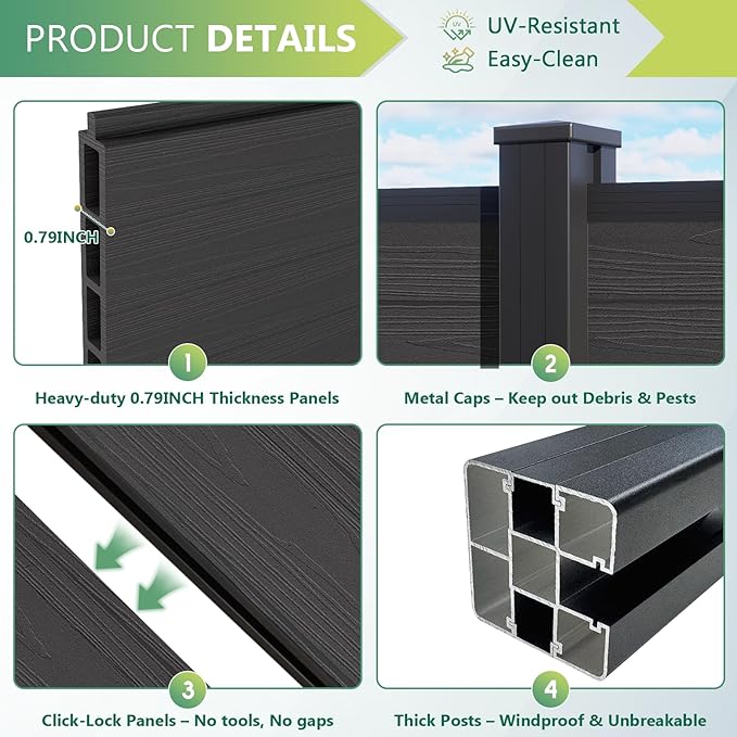 Mondaria Fence Privacy Screen with 8ft In-ground Posts, 6ft(H) x 6ft(W) Wood Plastic Composite Fence Panels Weather-Resistant Outdoor Fence for Backyard/Garden (Silver Gray, 2 Posts)
