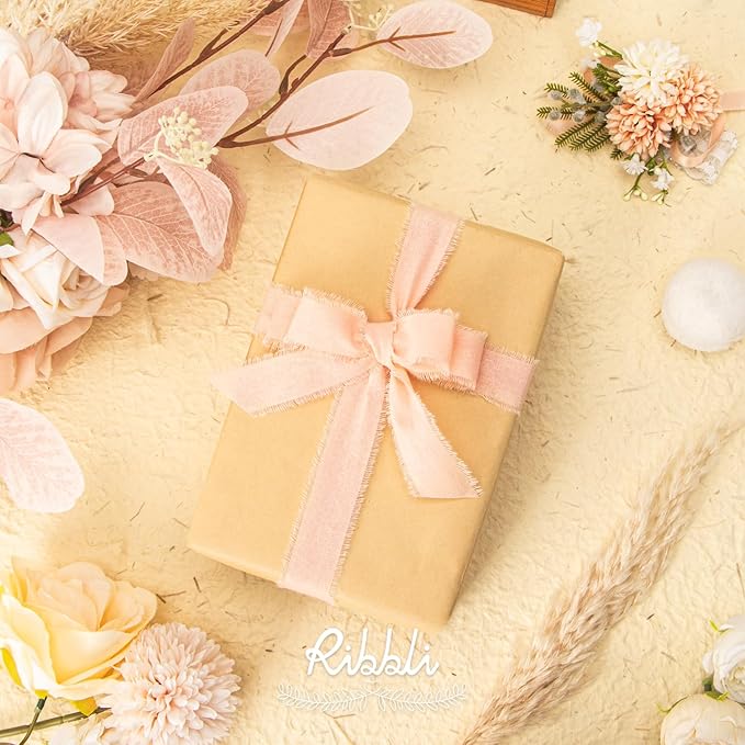 Ribbli 3 Rolls Pink Ribbon 1 Inch x 18 Yards Ivory Blush Dusty Pink Handmade Cotton Frayed Fringe Ribbons for Gift Wrapping Wedding Invites Bridal Bouquets Baby Shower DIY Crafts Home Decor