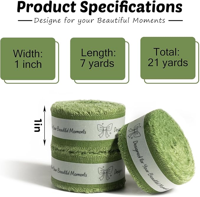 Moss Green Cotton Ribbon 1 Inch Moss Green 3 Rolls 21 Yards Frayed Edge Fabric Set for Rustic Wedding Decor, Bridal Bouquet Wrap, Woodland Theme Party, Baby Shower & Wreath Making
