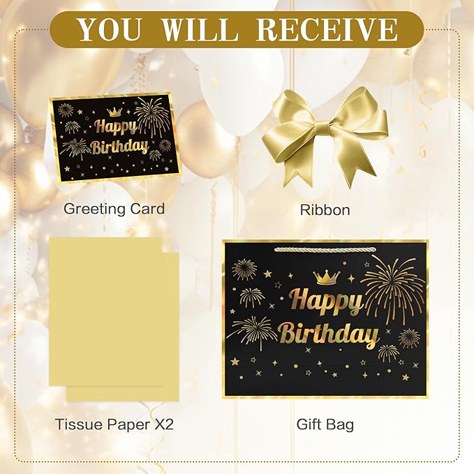 JMANNI Black Gold Happy Birthday Gift Bag with Card and Tissue Paper, 12.6"×9.84"×3.9" Elegant Present Bag for Men Women, Year Old Birthday Keepsake Party Supplies