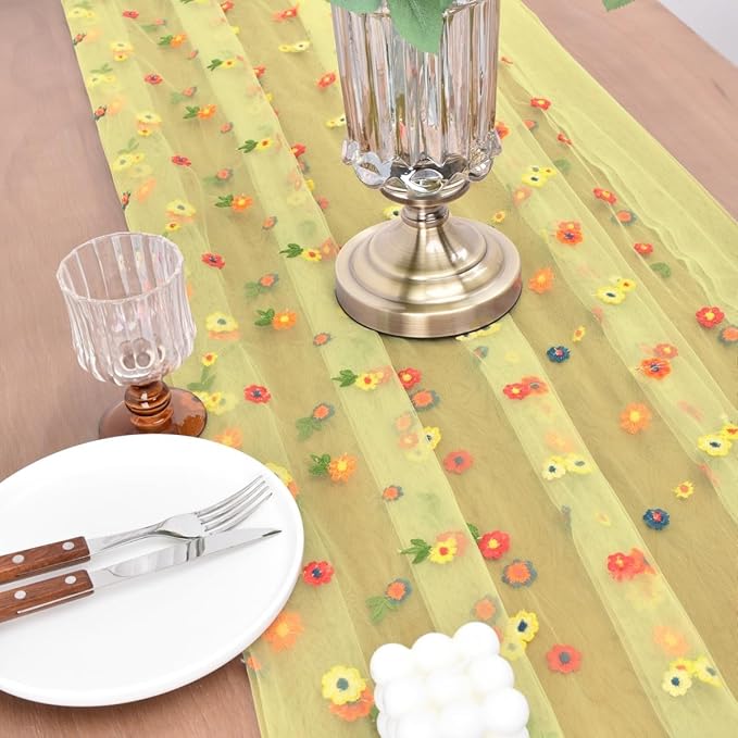 Joanlody Yellow Embroidery Daisy Spring Summer Table Runner Florals Seasonal Easter Tulle Table Runner Holiday Kitchen Dining Table Decoration Wedding Party