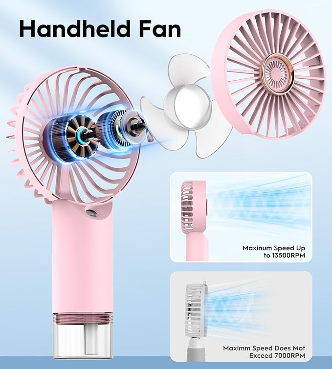 Mini Handheld Misting Fan, Small and Powerful, 3 Speed Portable Fan Lightweight USB-C Rechargeable Spray Water Mist for Makeup Stylish Girl Women Travel Indoor Outdoor Pink (Pink)