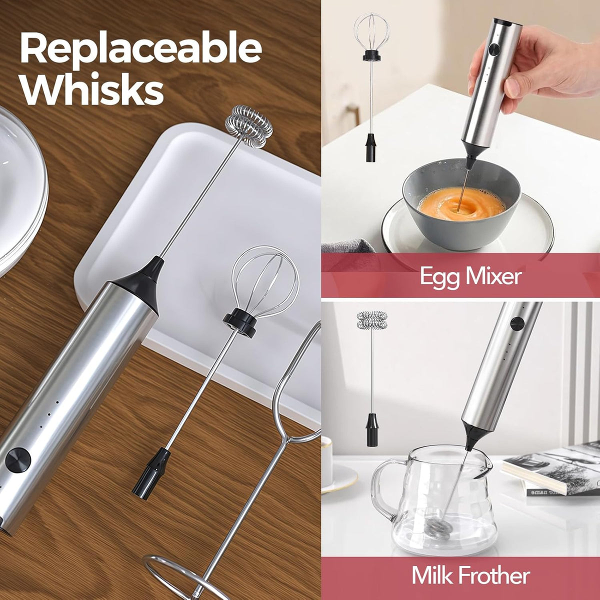 Yarramate Rechargeable Milk Frother Wand Handheld With Stand, 3 Speed Adjustable Drink Mixer with 2 Whisks