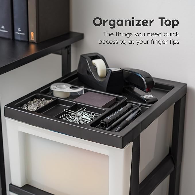 IRIS USA Plastic Drawer Storage Organizer Rolling Cart, with Wheels Casters, 3-Drawers, for Classroom Art Craft Supplies Dresser Closet Bathroom Laundry Room, Black/Pearl