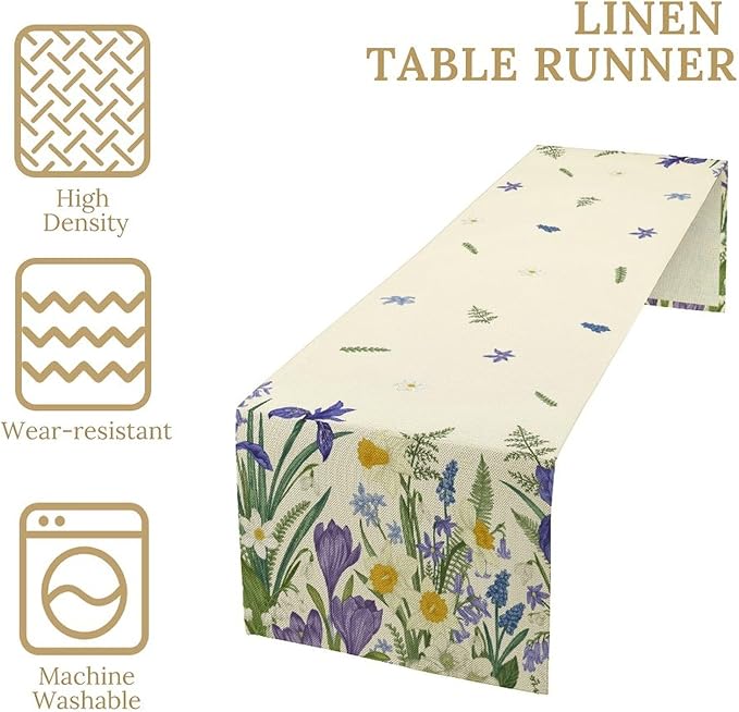 Wildflowers Table Runner,Spring Purple Floral Summer Seasons Daisy Flower Print Kitchen Dining Table Decoration for Home Farmhouse Party 13x70in