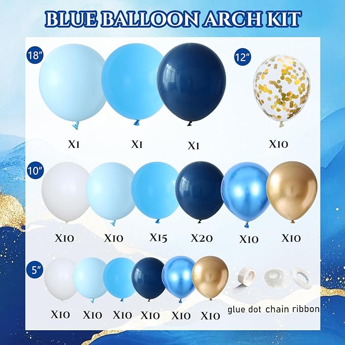 Navy Blue Balloon Garland Arch Kit, 151 Pcs Blue and White Chrome Gold Balloons with Gold Confetti Balloons for New Year Graduation Party Supplies Men Birthday Anniversary Wedding Decorations