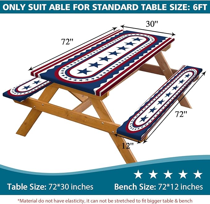 JAWO 4th of July Picnic Table Cover with Bench Covers, Patriotic USA Stars Waterproof Elastic Fitted Tablecloth, Independence Day Outdoor Camping Patio Essentials 3PCS with Drawstring Bag,60in