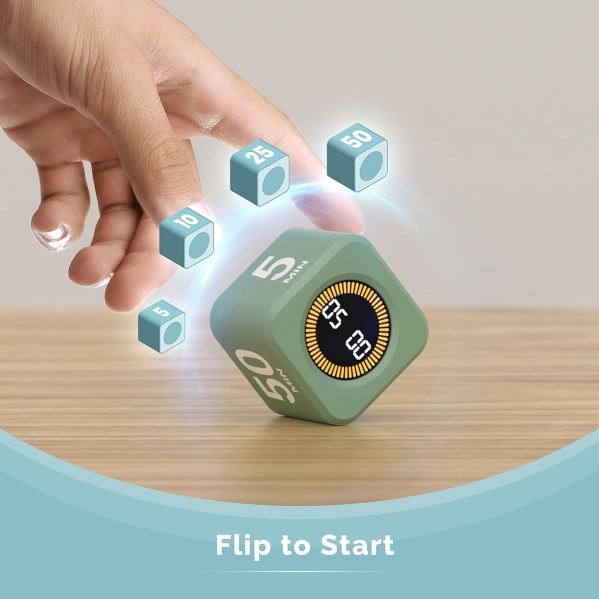 Kadams Pomodoro Cube Timer Productivity Visual Timer - 5/10/25/50 Min Rotating Countdown (Green)