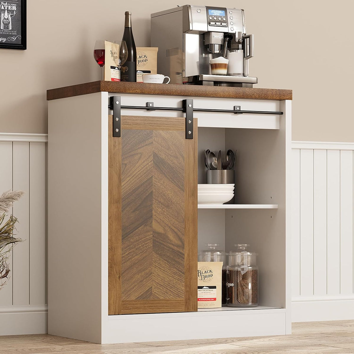 Catrimown Farmhouse Small Coffee Bar Cabinet with Storage, White Coffee Bar Table with Sliding Barn Door, Adjustable Shelves, Bar Cabinet for Kitchen, Dining Living Room, 1 Pack