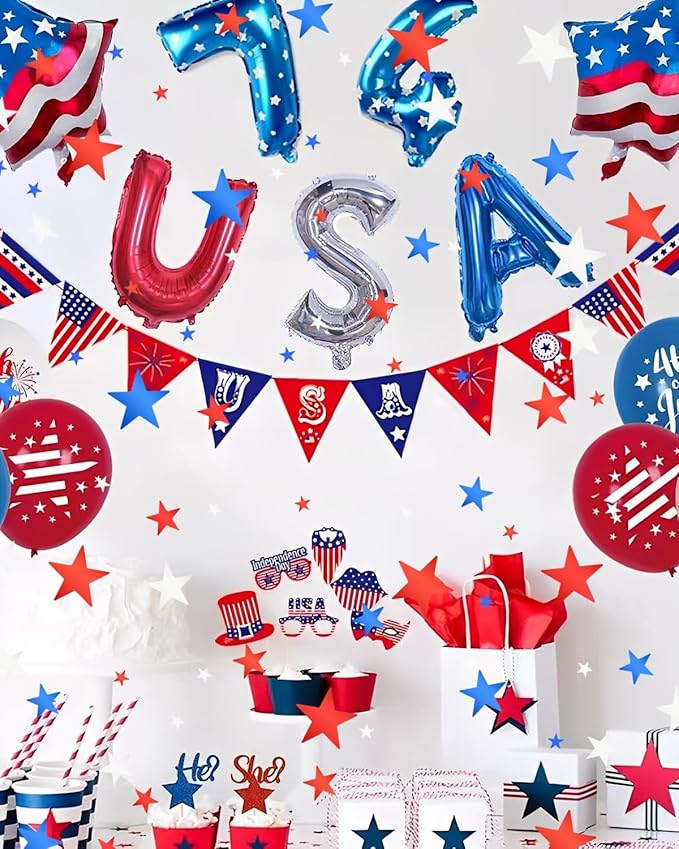 Red White Blue Star Glitter Confetti - Star Confetti for 4th of July Independence Day, Patriotic Party Decorations, Glitter Confettis for Table Centerpieces