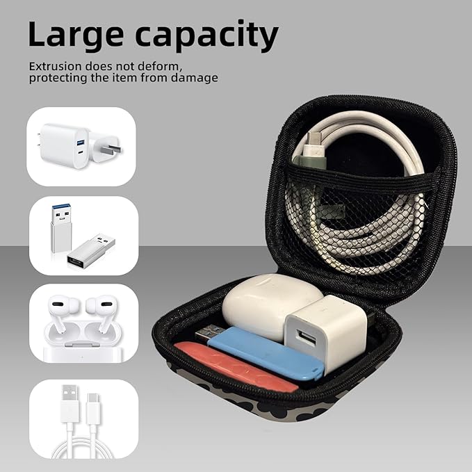 Square Data Cable Earbud Charger Coin Storage Bag Shockproof and Drop-Proof EVA Material Compatible with AirPod(Beige Groovy Flower)