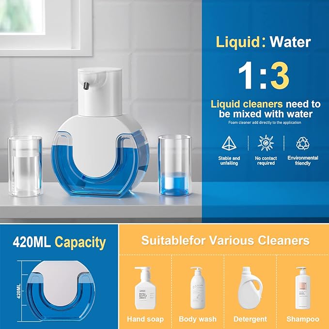 Automatic Soap Dispenser - Hands-Free Sensor, 4 Adjustable Foam Levels, Rechargeable & Wall Mountable (15oz/420ml) for Bathroom & Kitchen