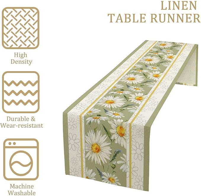 Daisy Flower Table Runner, Summer Watercolor Plants Floral Spring Garden Table Cover for Farmhouse Kitchen Dining Room Party Picnic Table Decor, 13x60inch