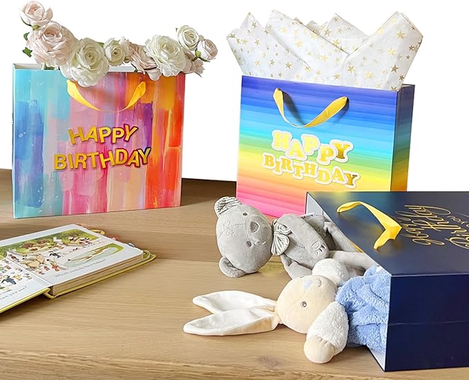 AMROSE 3 Pack Large 13’’ Birthday Gift Bags with Card and Tissue Paper, Recyclable Paper Gift Bag for Birthdays and More, Multicolors