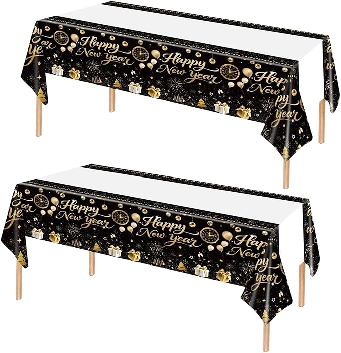 2pack Black and Gold Happy New Year Plastic Tablecloth, 54 x 108 Inch Disposable Rectangle Table Covers with Fireworks, Champagne, and Ornaments for New Year’s Eve Parties Dinners Celebrations