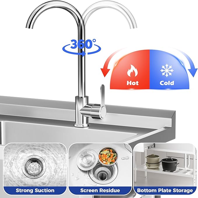 39" 304 Stainless Steel Utility Sink with Faucet – Free Standing Single Bowl Kitchen Sink with Workbench & Drawer Storage, Hot/Cold Water Pipes for Laundry, Farmhouse & Outdoor Use