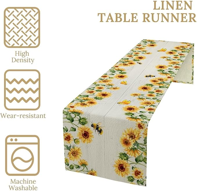 Sunflower Table Runner, Yellow Floral Flower Butterfly Country Rustic Table Runner for Outdoor Home Party Kitchen Dining Holiday 13x90in
