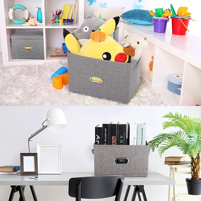 Large Linen Fabric Foldable Storage Bins with Removable Lid and Handles, Washable Storage Box Organizer Containers Baskets Cube with Cover for Bedroom,Closet,Office (Khaki, Medium(2-Pack))