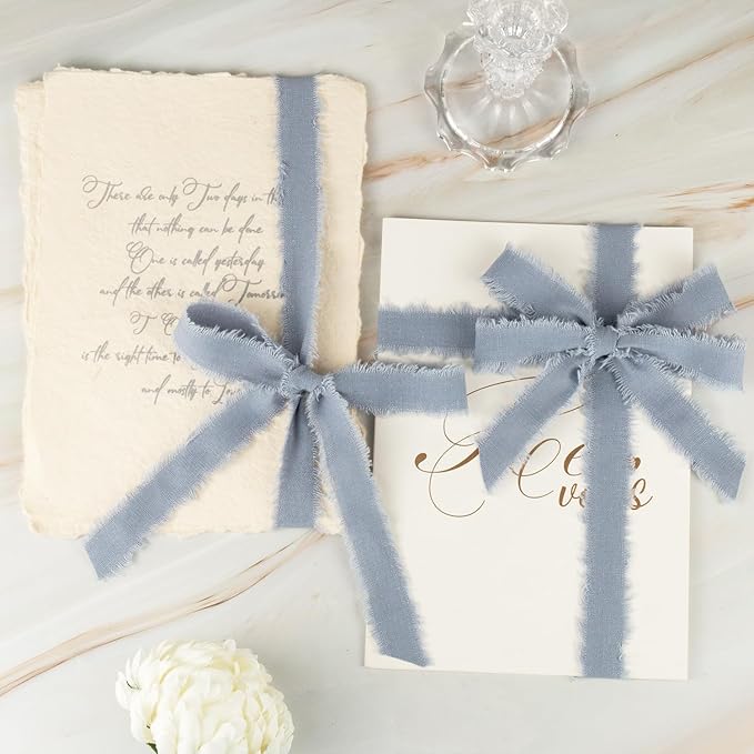Dusty Blue Cotton Ribbon 5/8 Inch Dusty Blue 3 Rolls 21 Yards Frayed Edge Fabric Set for Wedding Decor, Bridal Bouquet Wrap, Graduation Party, Gift Wrapping & Spring Wedding