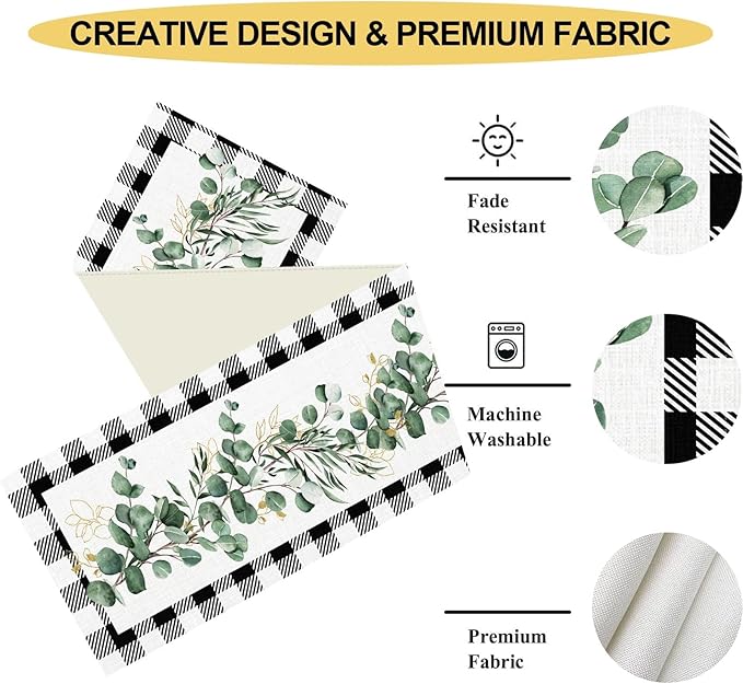 Green Eucalyptus Table Runner, Farmhouse Spring Plants Leaves Checkered Baffalo Plaid Rustic Country Greenery Cafe Coffee Table Center Decor for Home Kitchen Dining Patio Indoor Outdoor, 13"x90" Inch