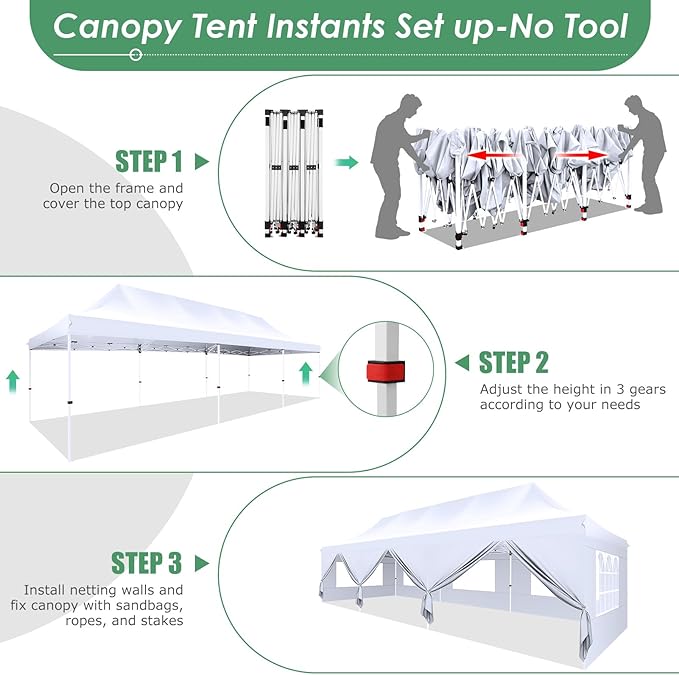 COBIZI Canopy Tent 10x30 Pop Up Canopy with 8 Removable Sidewalls Party Tents for Parties Wedding Patio Commercial Waterproof and UV50+ Ez Outdoor Instant Gazebo with Roller Bag & 4 Sandbags（White）
