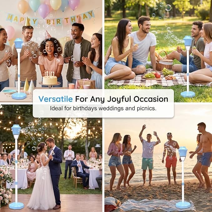 Standing Bubble Machine, Rechargeable Automatic Bubble Maker with Light Music, 3-Level Adjustable Heights, Detachable Bubble Wand for Outdoor Party Wedding and Event Decor (Red)