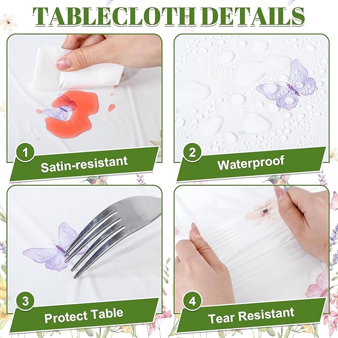 NatNarr 3 Pack Wildflower Plastic Tablecloths, 54 X 108Inch Spring Tablecloth Disposable Tea Party Table Cloth, Butterfly Wildflower Porcelain Tables Decor for Tea Party Birthday Garden Wedding Party