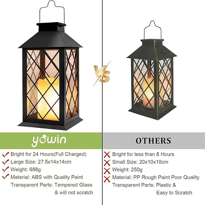 Yowin Solar Lanterns Outdoor Waterproof 14" Large Tempered Glass Solar Hanging Lantern for Outside with Flickering Candle, Mother's Gift Ideas, Wall Lamps for Garden Patio Vintage Decorations - Black