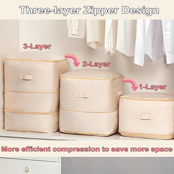 Ultra Space Saving Self Compression Organizer, 3-Layer Zipper Large Capacity Storage Bag, Thick Satin Fabric Heavy Duty Bags for Comforters Blankets Bedding Duvet (Gray, X-Large, 3PCS)
