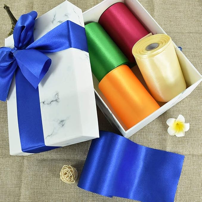 TONIFUL 4 Inch x 22yd Wide Royal Blue Satin Ribbon Solid Fabric Large Ribbon for Cutting Ceremony Kit Grand Opening Chair Sash Table Hair Car Bows Sewing Craft Gift Wrapping Wedding Party Decoration