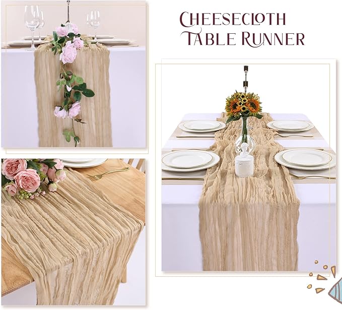 Sand Cheesecloth Table Runner 10FT Rustic Sheer Gauze Table Runners 120 Inch Boho Cheese Cloth Table Decorations for Wedding Party Bridal Baby Shower Home Decor
