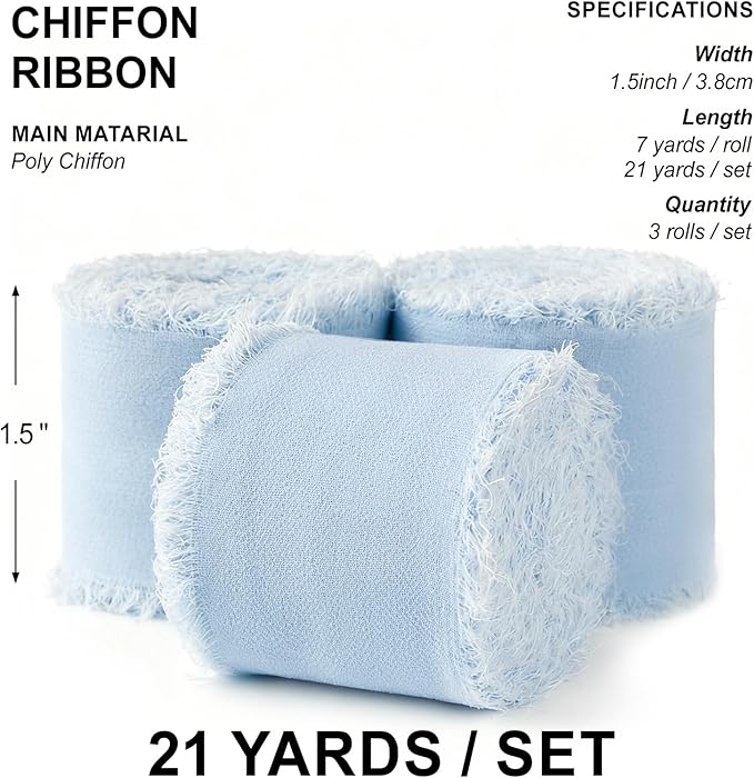 Light Blue Chiffon Ribbon 1.5" x 21 Yd Handmade Fringe Silk Chiffon Fabric Ribbon for Gift Wrapping Wedding Invitation Bridal Flower Bouquet DIY Crafts Home Decor
