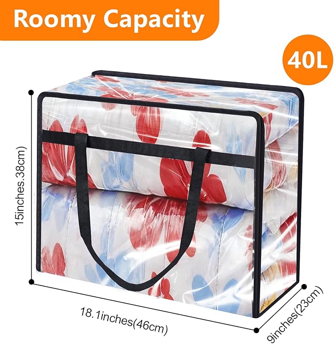 8 Pack Clear Clothes Storage Bags, Vinyl Blanket Storage Containers with Heavy Duty Zipper, Foldable Moving Bags, Closet Organizers for Bedding, Clothing, Comforters, Linens, Duvet (40L)