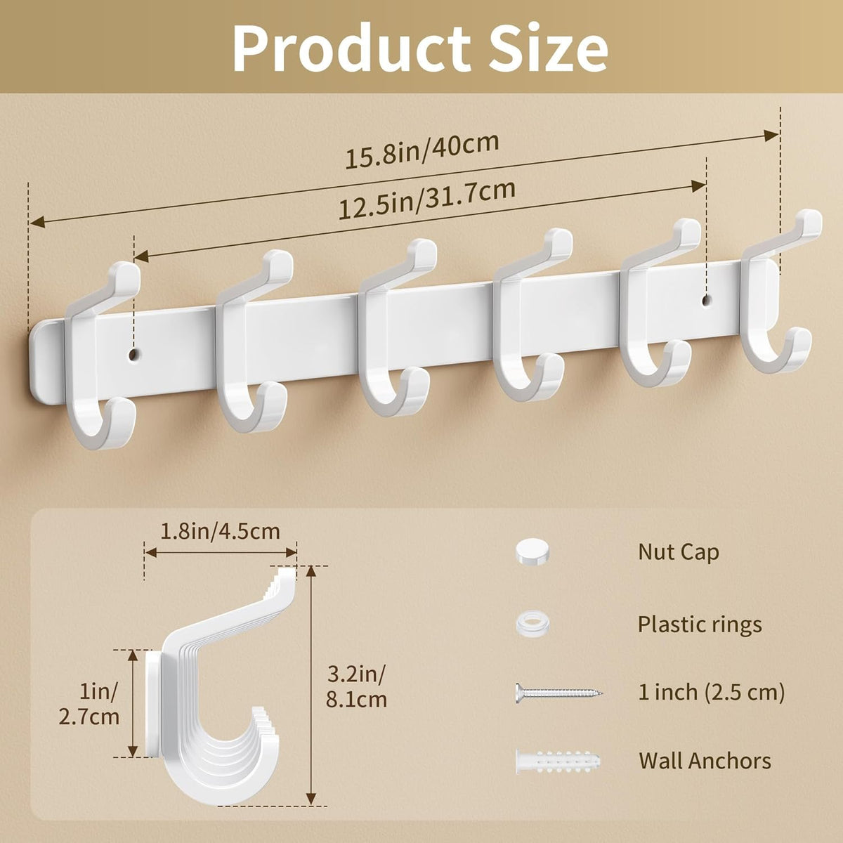Coat Rack Wall Mounted Heavy-Duty: Metal Coat Hanger 6 Hooks for Hanging Hat, Clothes, Robe, Keys, Backpack, Bathroom Towels, Jacket, Purse - Closet, Door, Entryway, Mudroom (White, 1 Pack)