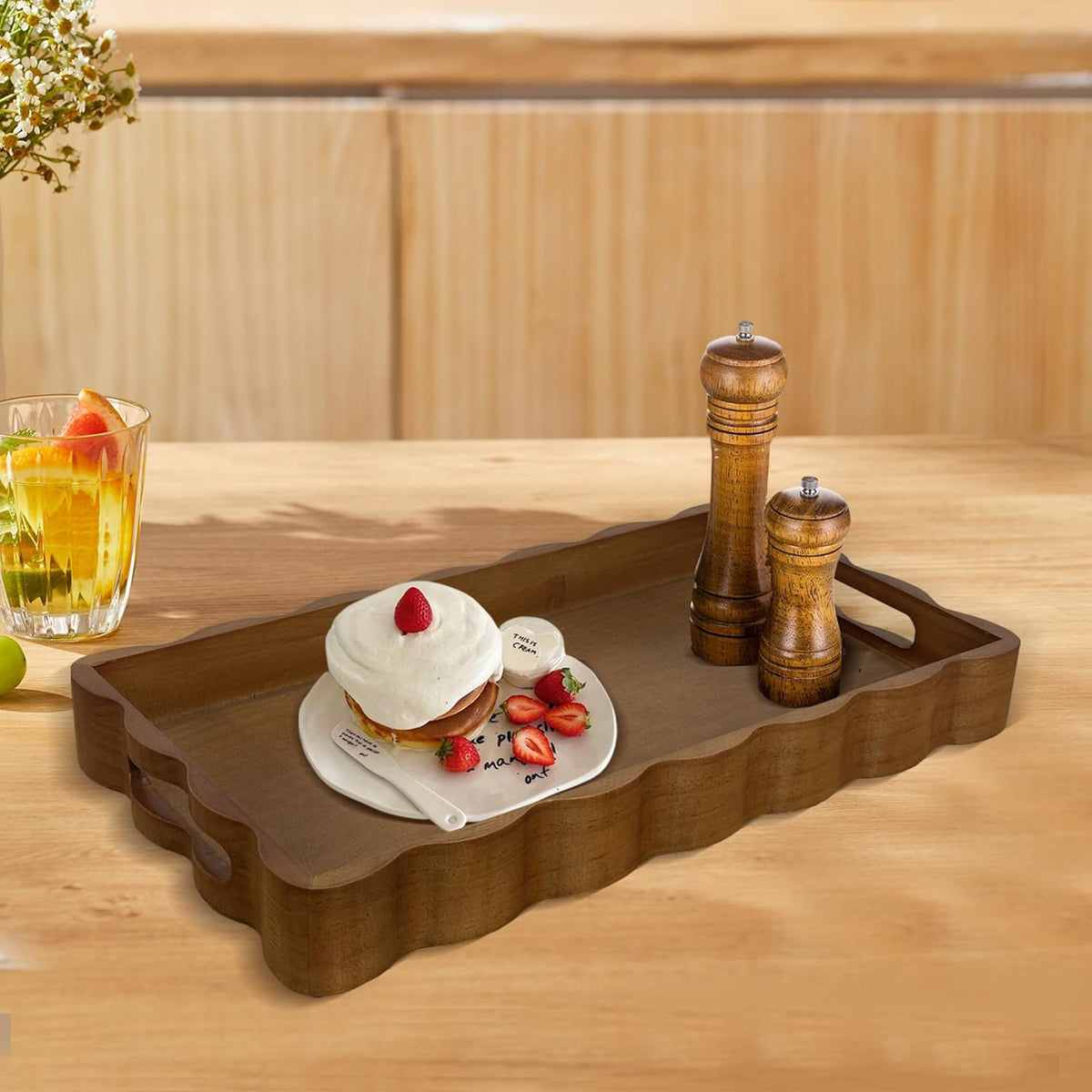 JUIOETURPine Wood Decorative Tray with Handle Rectangular Wooden Serving Tray for Breakfast in Bed,Coffee Table,Dining Table,or Kitchen