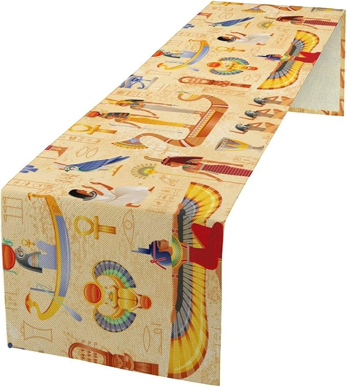 Egypt Table Runner, Ancient Egyptian Mythology Gods Hieroglyphic Elements Retro Farmhouse Table Runner for Home Kitchen Dining Party Indoor Outdoor 13x36in