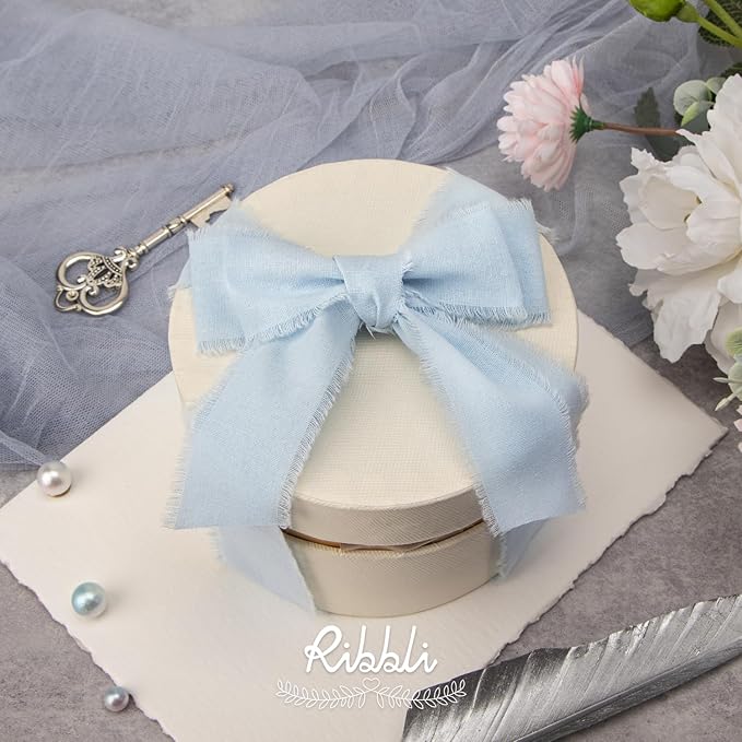 Ribbli 3 Rolls Light Blue Ribbon 1.5 Inch x 18Yards Handmade Cotton Frayed Fringe Ribbons for Gift Wrapping Wedding Invites Bridal Bouquets Baby Shower DIY Crafts Home Decor