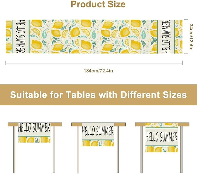 Spring Yellow Lemon Table Runner, Hello Summer Seasonal Exotic Fresh Fruits Plants Branch Leaves Print Table Cover for Farmhouse Kitchen Table Party Decor, 13x36inch