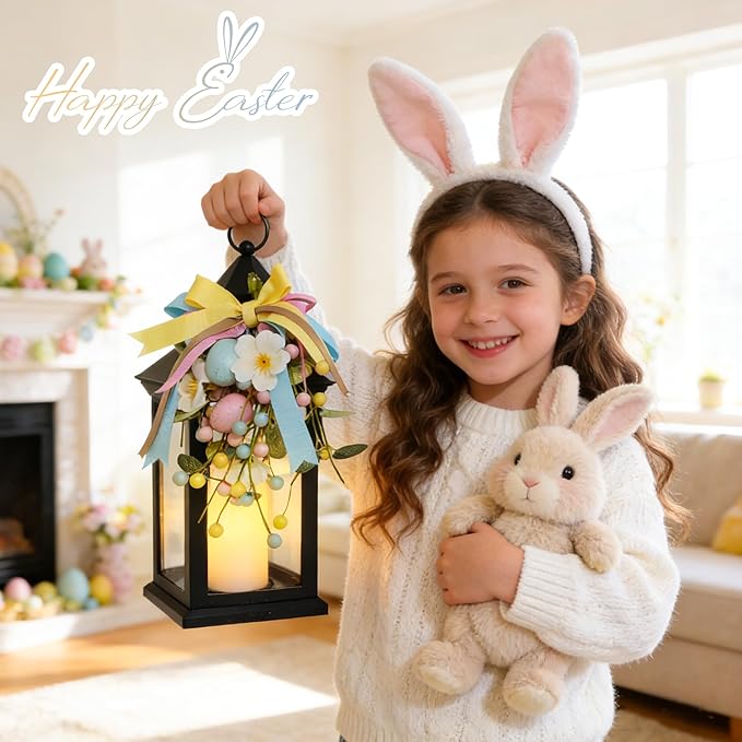Easter Lanterns Decorative Indoor & Outdoor, 14 Inch Black Candle Lanterns with Timer Waterproof, Hanging Spring and Easter Lantern Decor for Home, Table, Porch, Patio, 2 Pack