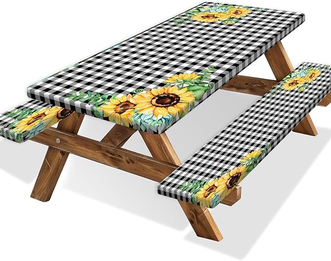 Picnic Table Cover with Bench Covers and Bag, Outdoor Waterproof Windproof Tablecloth with Elastic Edges. Camping Accessories RV Gear Campers 60x30 Inches 3 Pcs Set Black-White Checkered