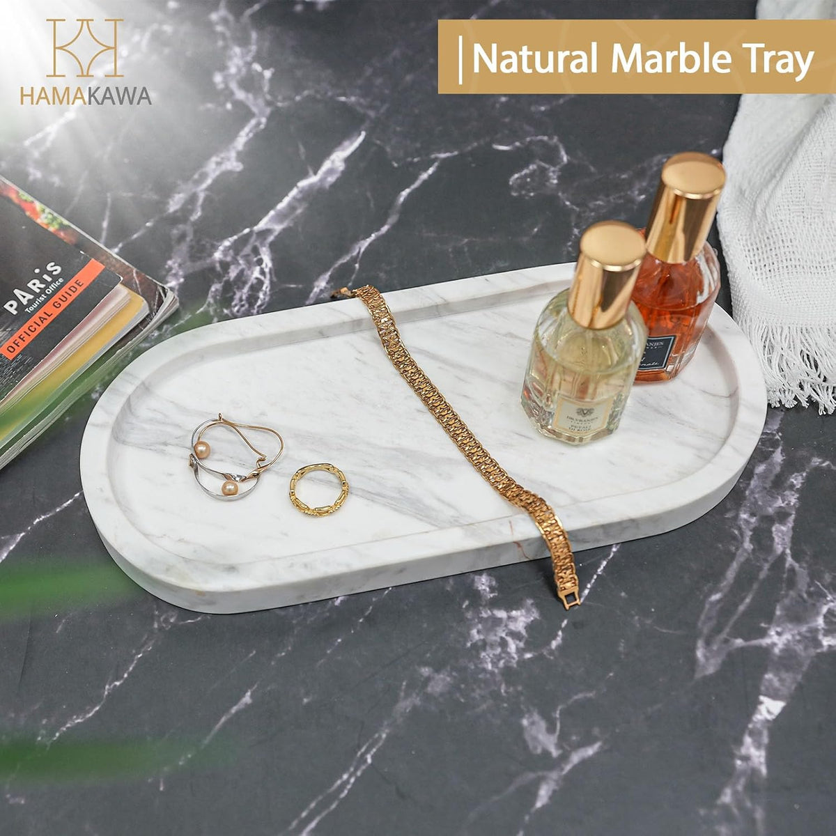 Bathroom Vanity Tray, Large Natural Marble Oval Sink Tray 10 Inch, Jazz White Limestone Dresser Tray for Soap Dispenser Modern Countertop Organizer