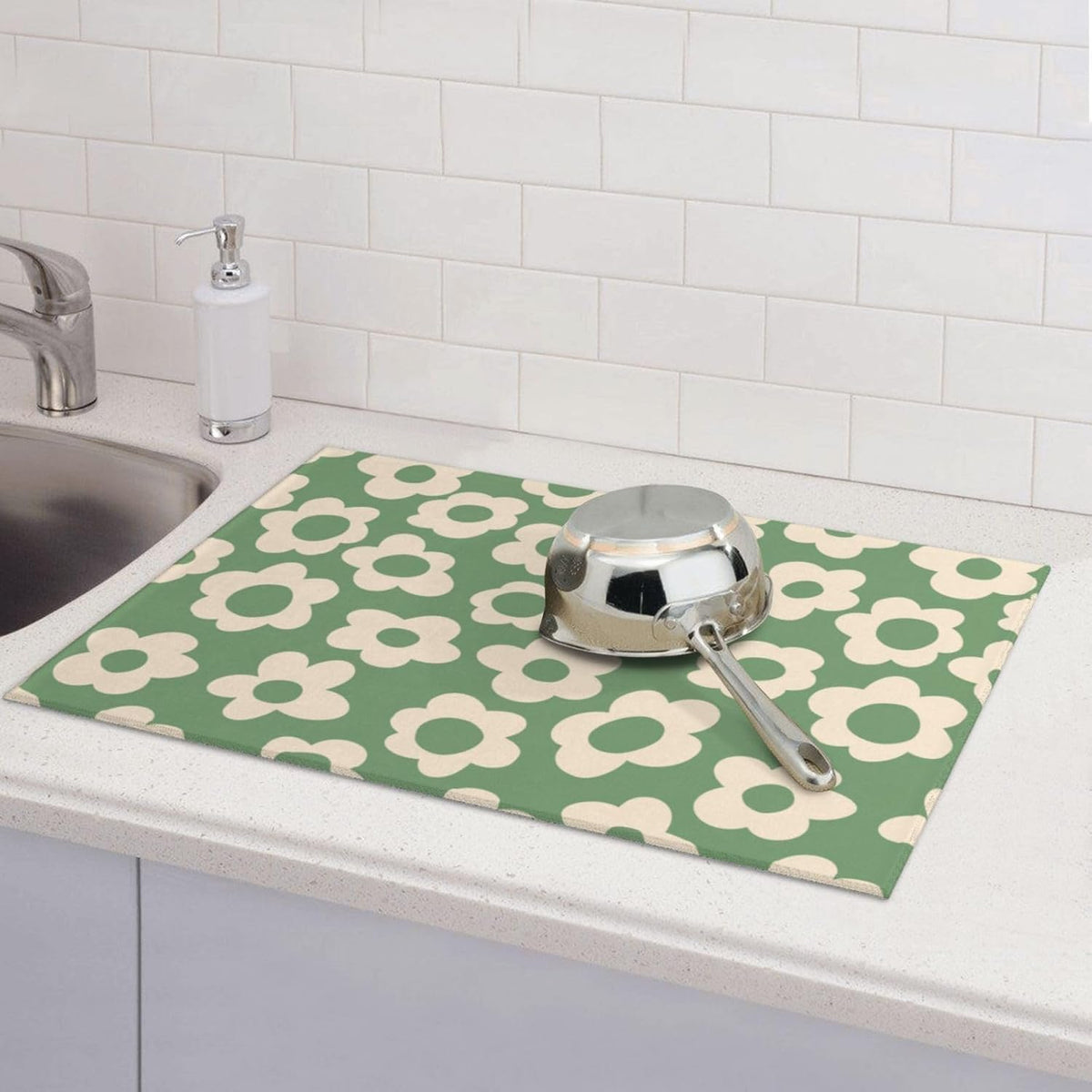 Floral Kitchen Dish Drying Mat for Dishes 18x24 Inch Vintage Groovy Flowers Drying Mat White Daisy Dish Drainer Mat Super Absorbent Dish Rack Pad for