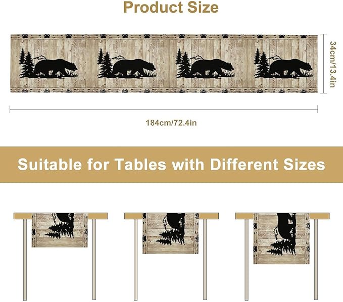 Bear Table Runner, Wild Animals Rustic Cabin Forest Bear Print Wooden Board Table Runner for Dining Kitchen Home 13x108in
