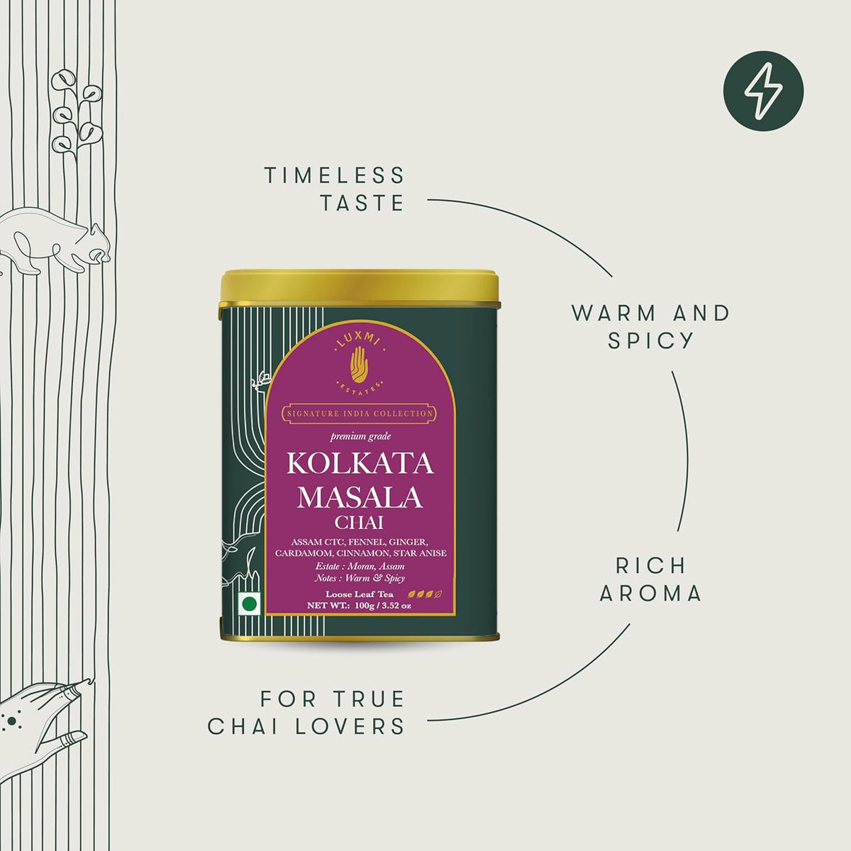 Luxmi Estates Kolkata Masala Chai, 100 gm, Signature India Collection, Assam CTC Tea, Black tea collection, Organic Strong tea, Antioxidants