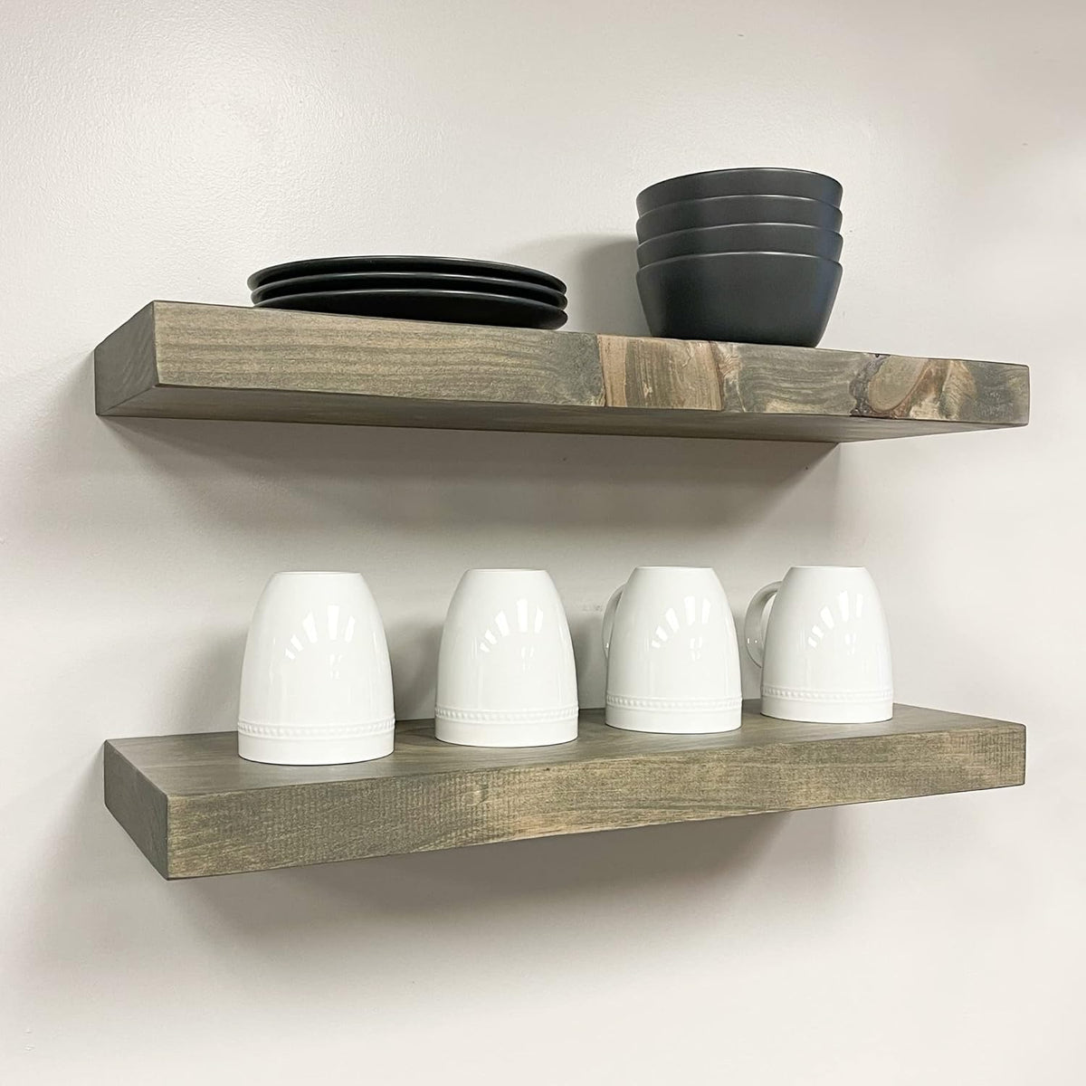PJ Decor Urbandi, Rustic Floating Shelves, Set of 2, Hidden Bracket, Solid Wood, Heavy Duty, Wall Mounted Shelves, (Grey, 24Wx6D)
