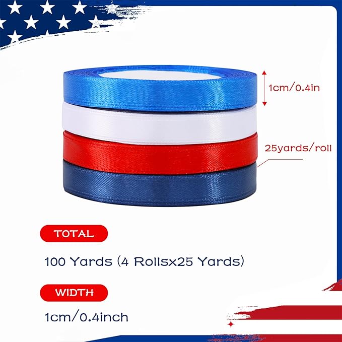 TONIFUL 4 Rolls 100 Yards Patriotic Ribbons, 3/8 Inch Wide Blue Red White 4th of July Satin Ribbons for Gift Wrapping, Independence Day Crafts, Patriotic Party Decorations
