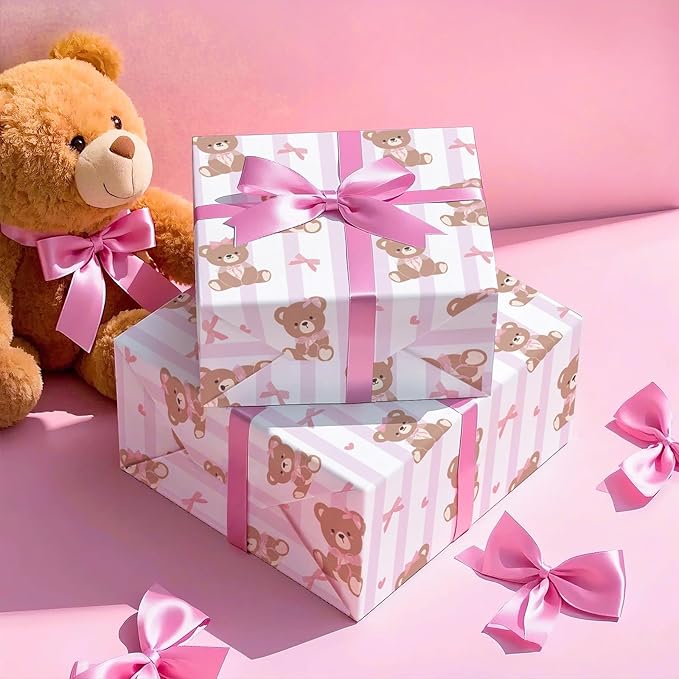 WRAPAHOLIC Bear Baby Shower Wrapping Paper - Mini Roll - 3 Rolls - 17 Inch x 120 Inch - Coquette Teddy Bear with Pink Ribbon Bow Wrapping Paper for Baby Shower, Girls Birthday