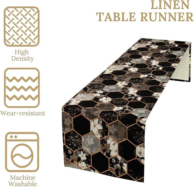 Marble Table Runner, Spring Floral Marble Geometric Texture Pattern Table Runner for Wedding Home Living Room Party Dining Kitchen 13x108in