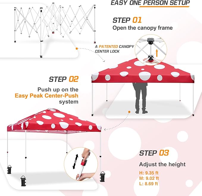 EAGLE PEAK Pop Up Canopy Tent with Wheeled Carry Bag, 8 Stakes, 4 Ropes, 4 Weight Bags, Easy Set Up Tent Canopy, 10x10 ft, 100sqft of Shade, Red Mushroom